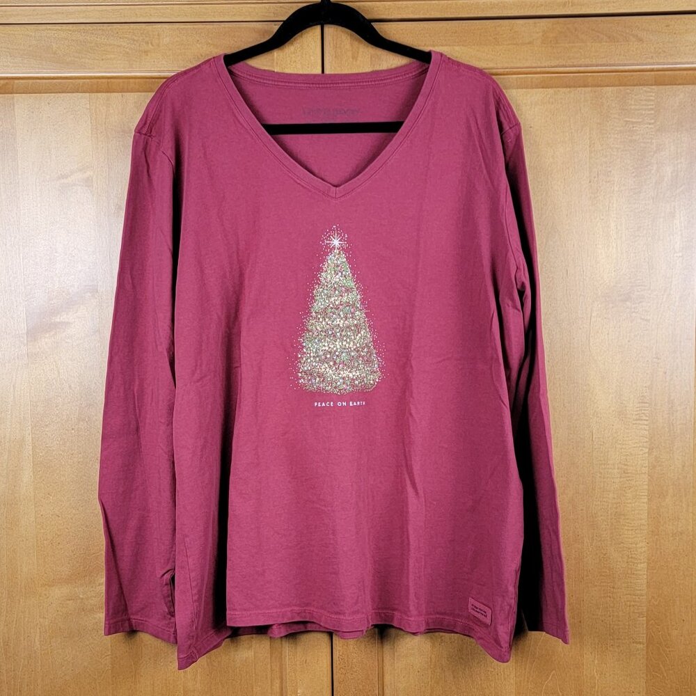 Life Is Good  Maroon V-Neck Crusher Holiday Tree Peace on Earth Tee - XXL
